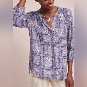 Anthropologie AKEMI + KIN Blue & Purple Coconino Printed Buttondown Blouse Sz.S